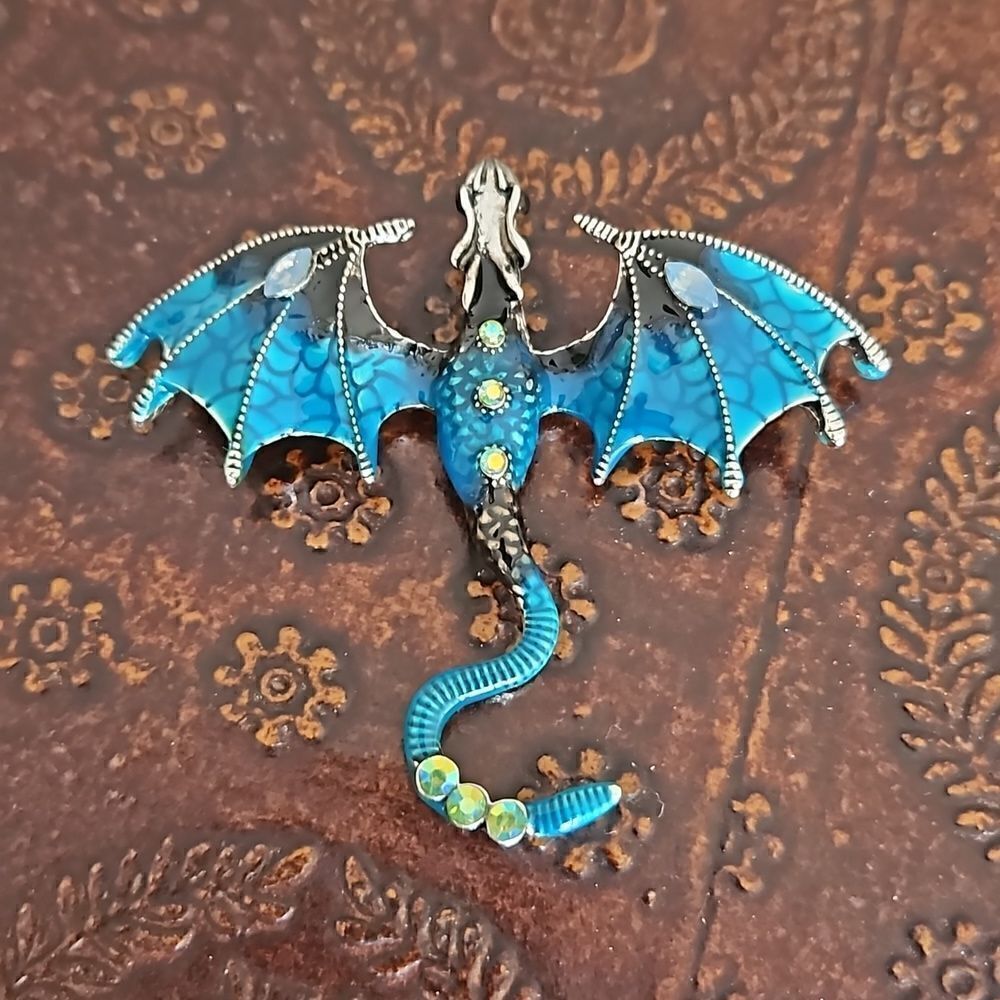 NWOT Blue and silver dragon brooch with crystals.